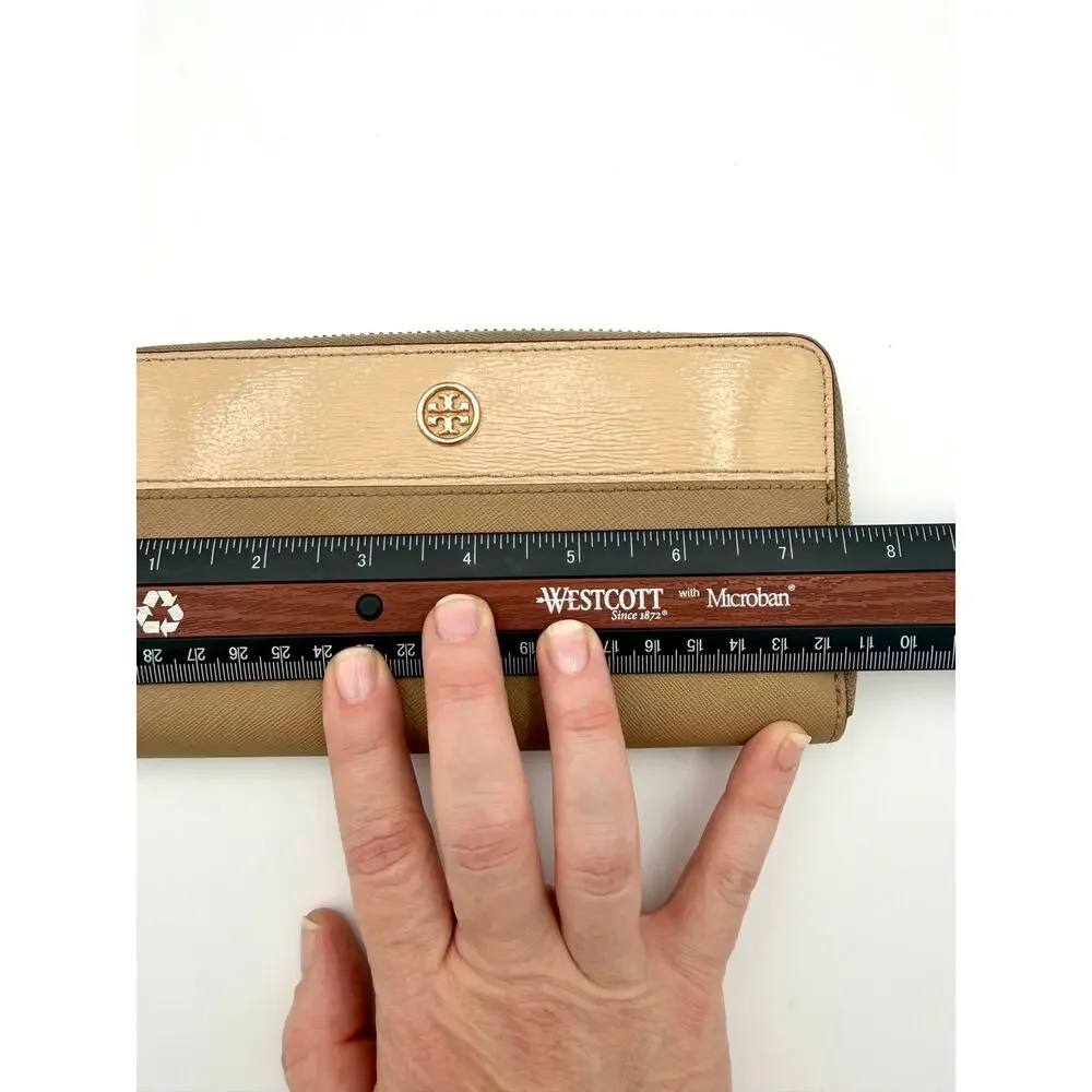 Tory Burch Zip Around Continental Wallet Tan Saffiano Leather Colorblock